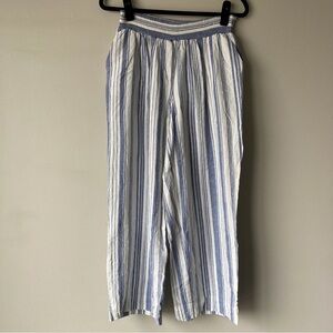 Linen Blend Striped Elastic Waist Lightweight‎ Pants Blue and White Women’s 1X